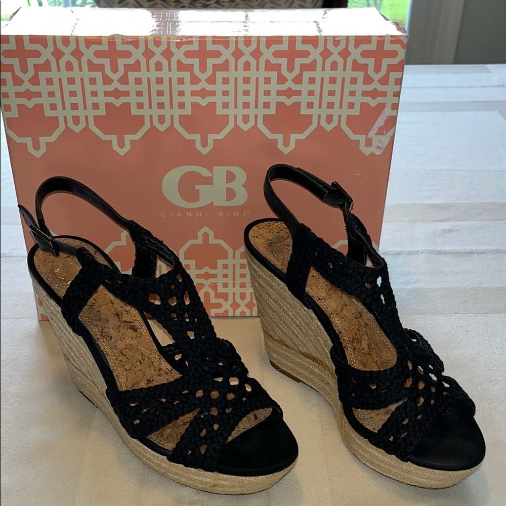 Gianni Bini Black Crochet Wedge Sandals Size 9.5